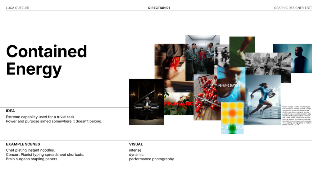Direction 1 Mood board, "Contained Energy", Idea, Examples and Visual Language