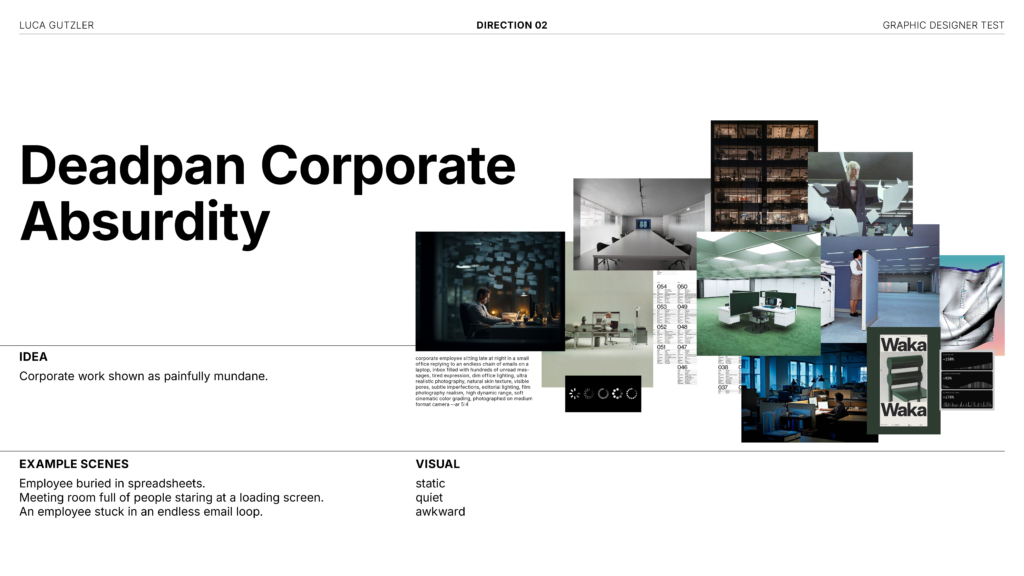 Direction 2 Mood board, "Deadplan Corporate Absurdity", Idea, Examples and Visual Language
