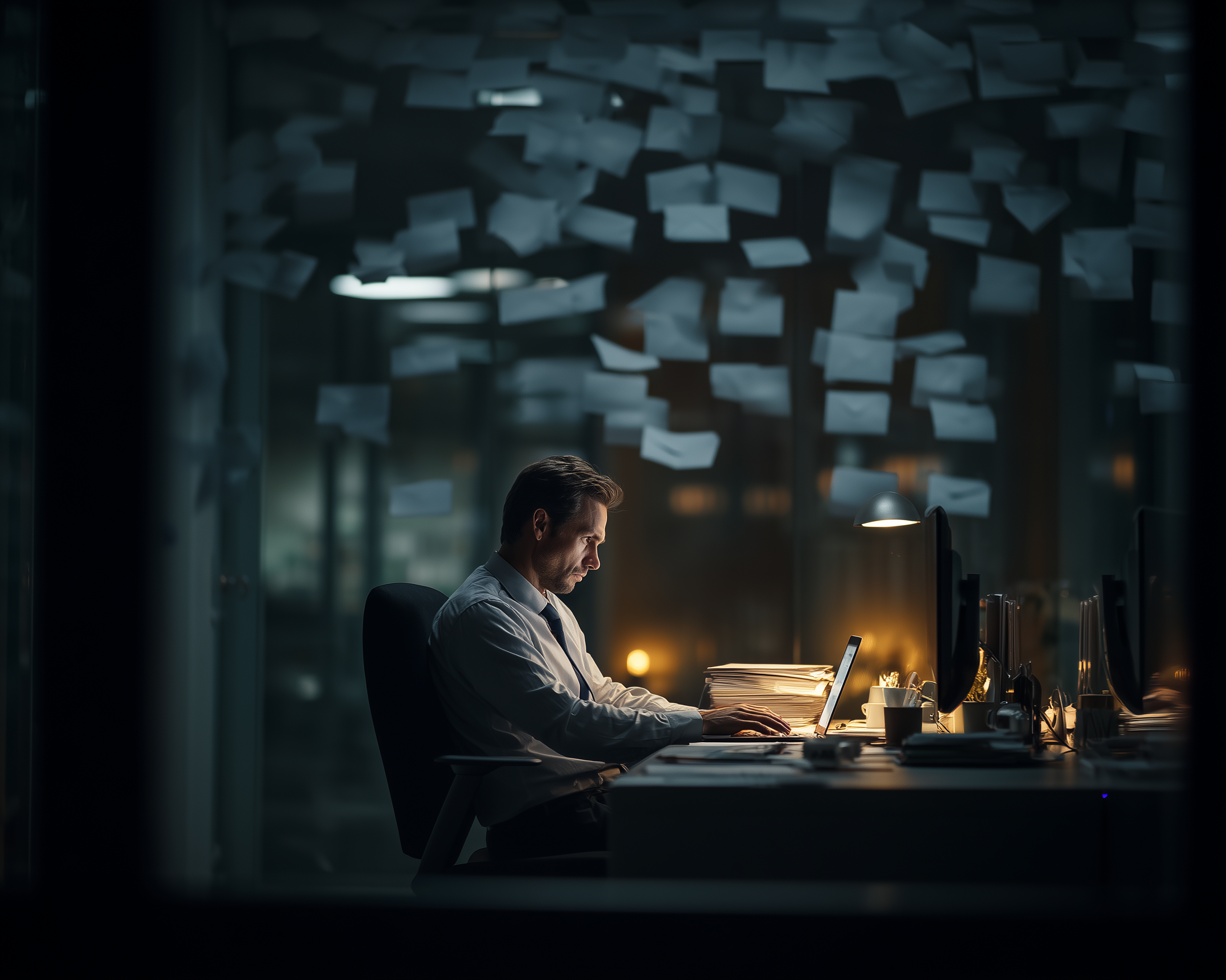 office worker sitting in dark office, working at night, replying to emails, white envelopes flying in the air over his head, a single desk lamp illuminating the room
